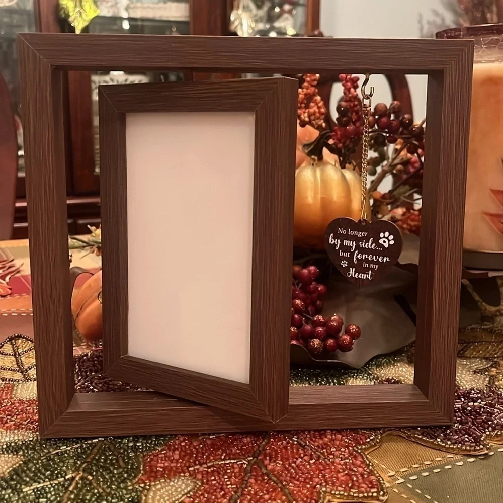 Brand New Pet Memorial Picture Frame Dog Cat Loss Rotating Wooden Photo Holder